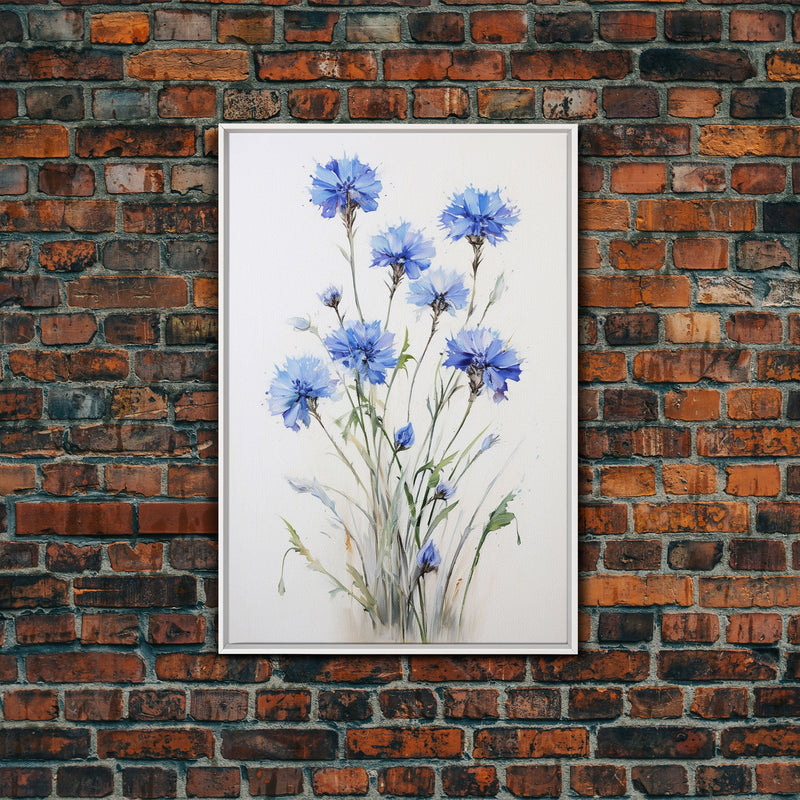 Blue Bachelor Buttons Art Print - Framed Giclee Oil Painting Print - Oil Painting Still Life Original - Large Flower Canvas Print or Poster