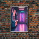 Vaporwave Futuristic Cyberpunk Space Ship Control Room, Framed Canvas Print, Scifi Art