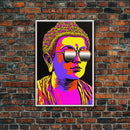Heatwave Buddha Statue Wearing 80s Style Sunglasses, Framed Canvas Print, Psychedelic Meditation Buddhism Art, Art Deco Sunburst Buddha Art