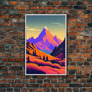 Retro Purple Midcentury Style Wall Art, Framed Canvas Print, Colorful Wall Art, Mountain Landscape, Office Decor, Low Res Art