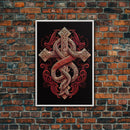 Cool Cross Art | Wall Art | Gothic Cross | Framed Canvas Print | Framed Art | Red and White Cross & Snake