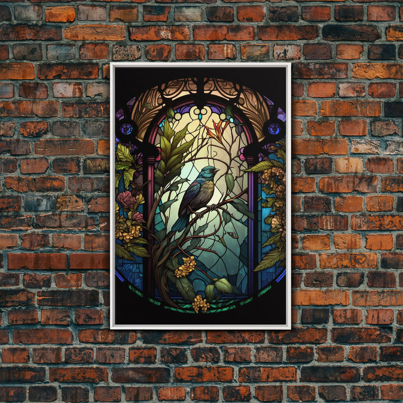 Wall Art, Bird in Stained Glass, Western Blue Bird, Bird Watcher Art, Wall Decor, Framed Canvas Print, Framed Wall Art, Gift