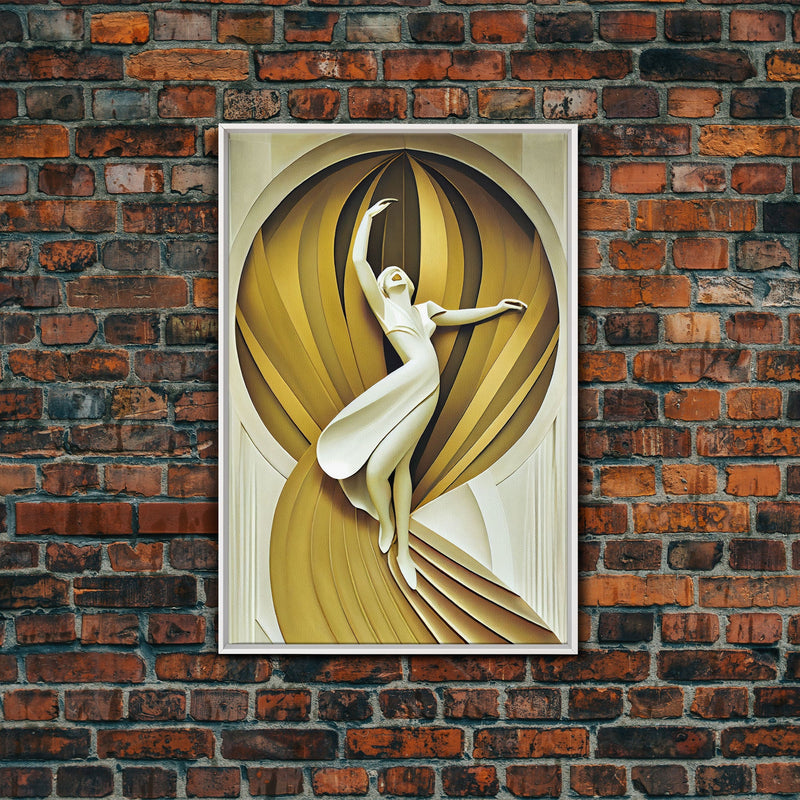 Art Deco Sculpture Canvas Print, Framed Wall Art, 1930s Inspired Retro Art, White and Gold Ballerina