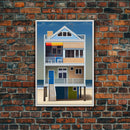 Whimsical Beach House Art, Framed Canvas Print, Cute Retro Beach House Painting, Wall Art