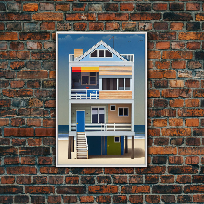 Whimsical Beach House Art, Framed Canvas Print, Cute Retro Beach House Painting, Wall Art