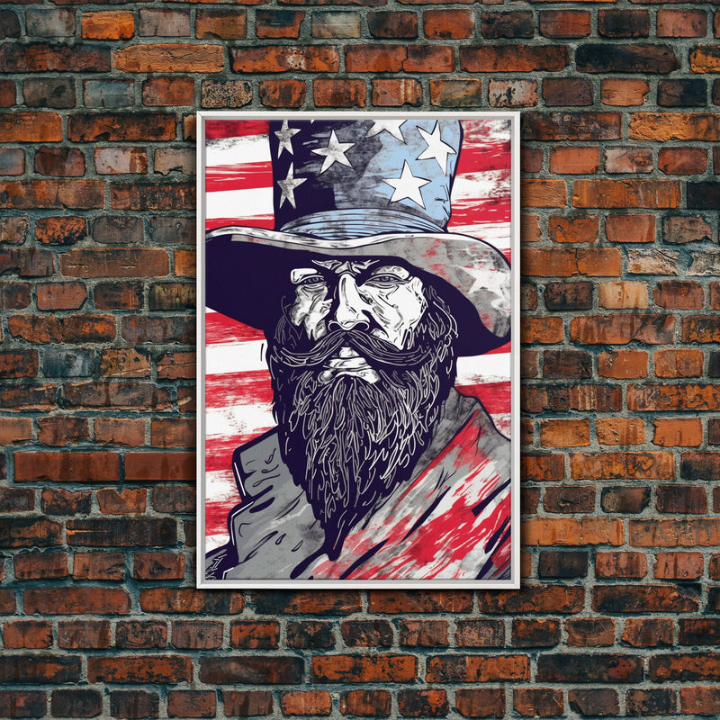 Wild West Uncle Sam Portrait, Patriotic Art, Framed Canvas Print, Stars and Stripes, Wall Art, Wild West Decor