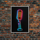 Neon Lights Retro Microphone Wall Art, Vibrant Art, Music Room Wall Art, Minimalist Print, Wall Decor, Canvas Print, Wall Art, Framed Canvas