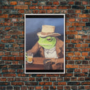 Sad Cowboy Frog Havin' a Beer, Cowboy Frog Framed Canvas Print