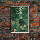 Rousseau Inspired Botanical Print, Framed Canvas Art, Bear Hiding In The Jungle, Dark Green Wall Art, Emerald Green Wall Art, Poster Print
