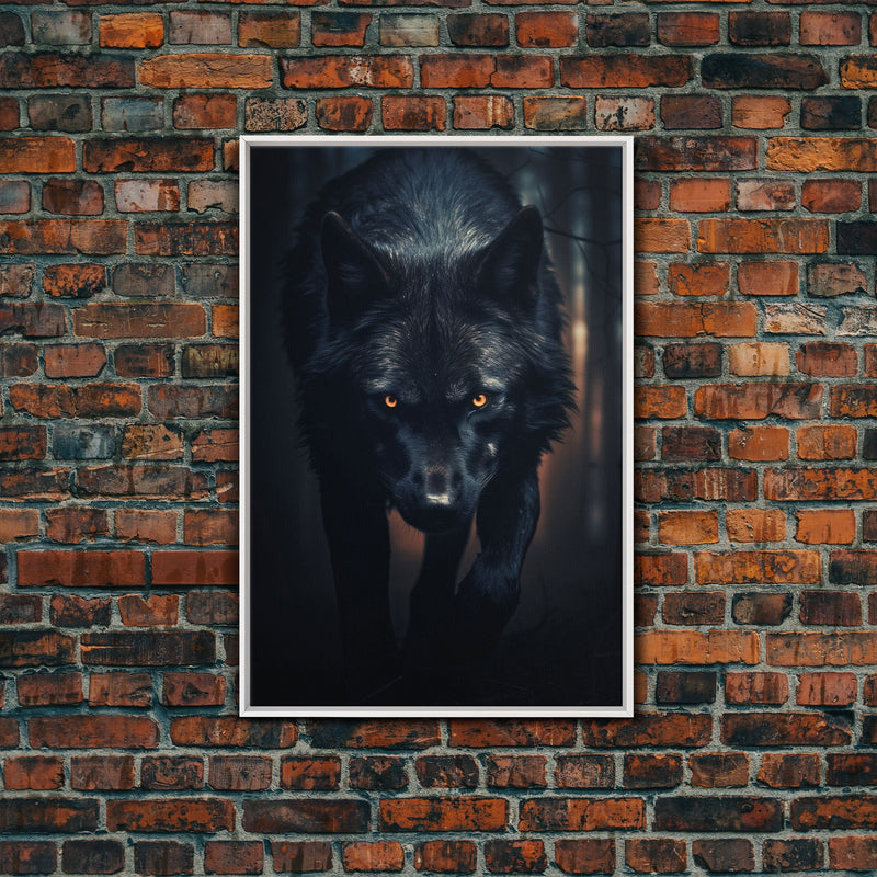 Wolf Print, Black Wolf On The Hunt, Framed Canvas Art