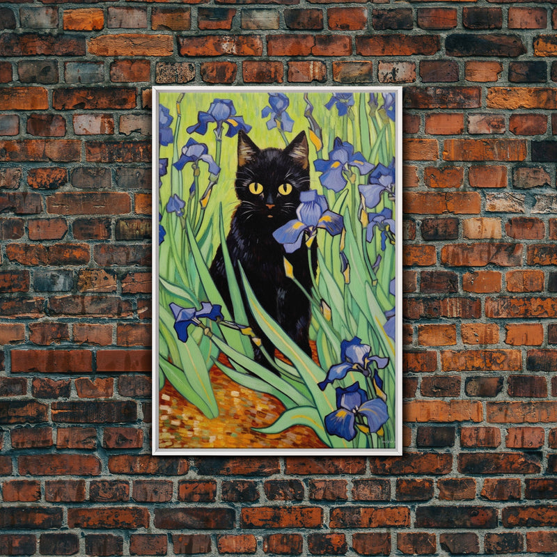 Vincent Van Gogh Inspired Irises Black Cat Wall Art, Framed Canvas Print, Poster Art, Funny Cat Print, Funny Gift, Home Decor Wall Art