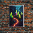 Magical forest canvas print, glowing mushroom art, fantasy forest wall art, gloomy dark home decor, luminescent forest trail wall art