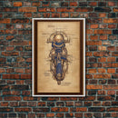 Da Vinci style steampunk motorcycle diagram, canvas print, man cave wall art, motorcycle art