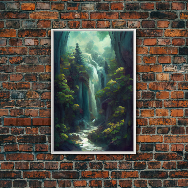 Waterfall canvas print, fantasy wall art, watercolor print, high fantasy, nature landscape living room wall art