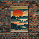 Hokusai style wall art, sunrise over the mountains, canvas print, woodblock print style art, Japanese style wall art