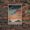 Japanese style wall art, sunrise over the mountains, canvas print, woodblock print style art, Hokusai style wall art