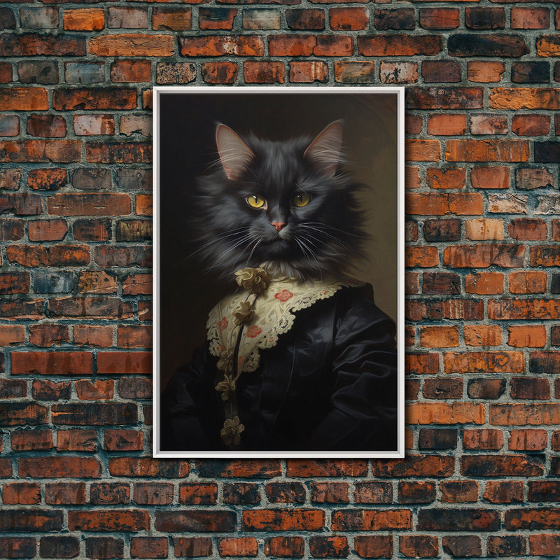 Victorian Cat Portrait, Funny Halloween Decor, Cute Cat Halloween Art, Framed Canvas Print