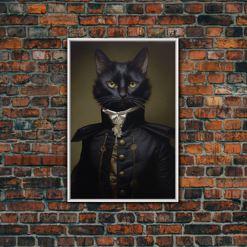 Admiral Meow Reporting For Duty, Victorian Cat Portrait Art, Framed Canvas Print, Gothic Dark Academia Wall Art