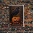 Crow Atop A Jack O Lantern, Framed Canvas Print, Halloween Decor, Raven Painting, Victorian Oil Painting Print, Macabre Horror Print