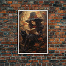 Cute Little Witch Reading Spells To Her Black Cat Familiar, Vintage Halloween Art, Framed Canvas Print, Halloween Canvas Art, Witchcraft