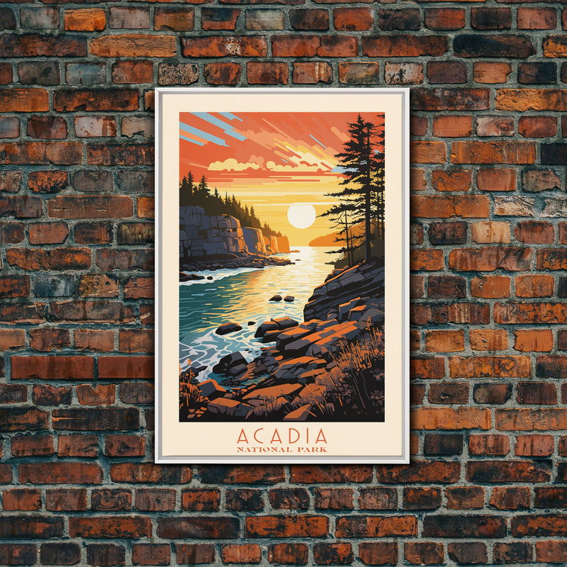 Acadia National Park, Framed Wall Art Canvas Print, Travel Poster, Travel Art, Roadtrip Decor, Cool Wall Art, Retro State Park Art