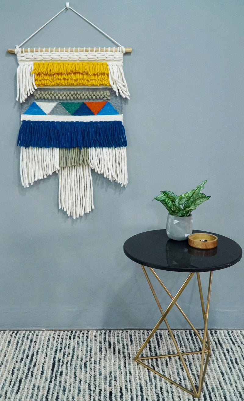 2x3 Wool Hand Woven Blue, White and Gold Boho Wall Hanging | WH2