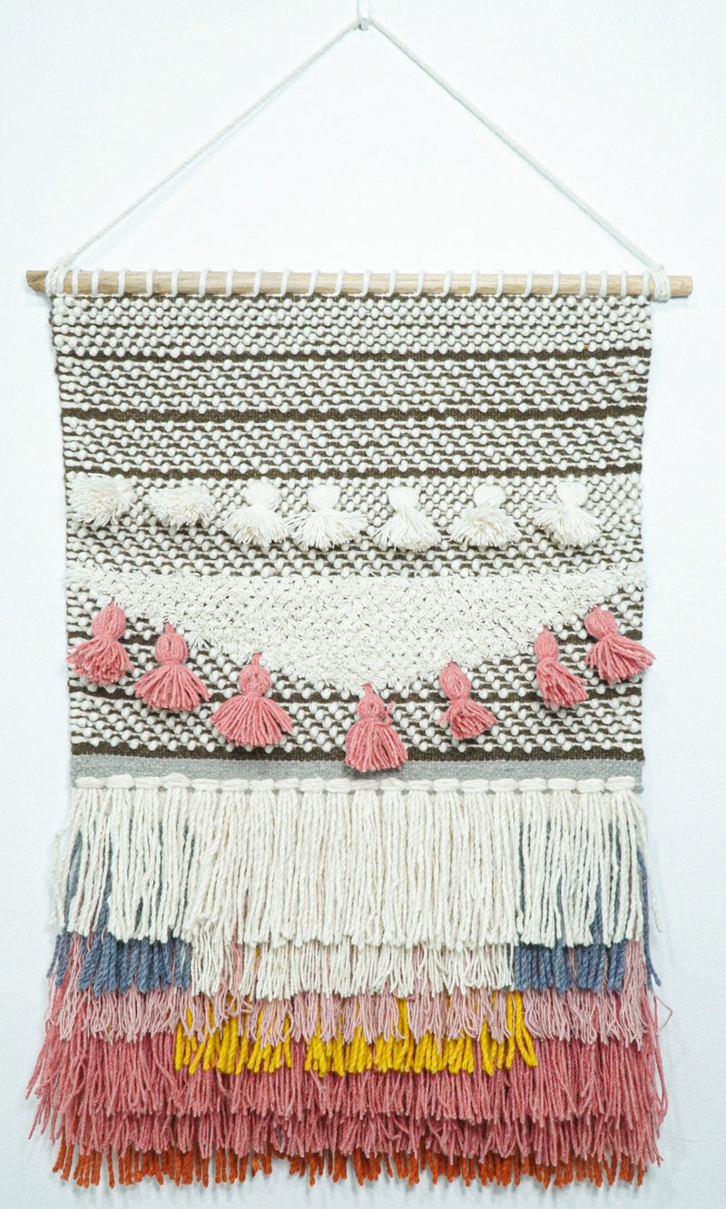 2x3 Wool Hand Woven Brown, White and Pink Boho Wall Hanging | WH1