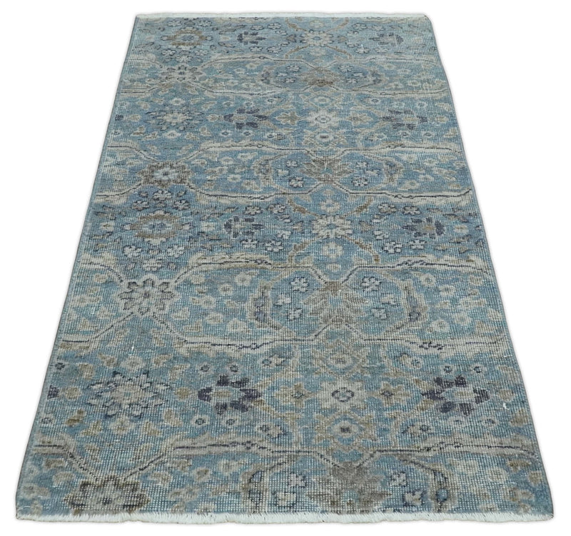 2x4 Aqua Blue and Ivory Wool Hand Knotted Traditional Vintage Antique Rug| N1424