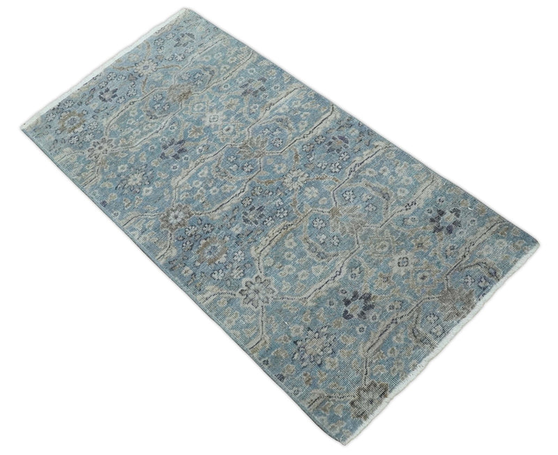 2x4 Aqua Blue and Ivory Wool Hand Knotted Traditional Vintage Antique Rug| N1424