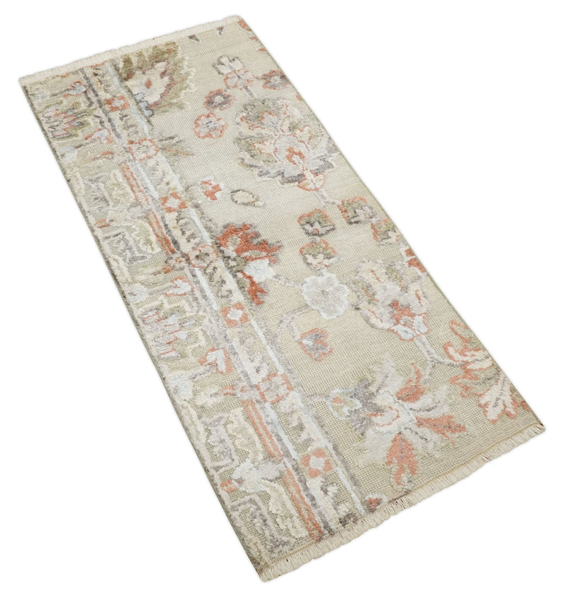 2x4 Hand Knotted Beige, silver and Peach Traditional Persian Oushak Wool Rug | N5624