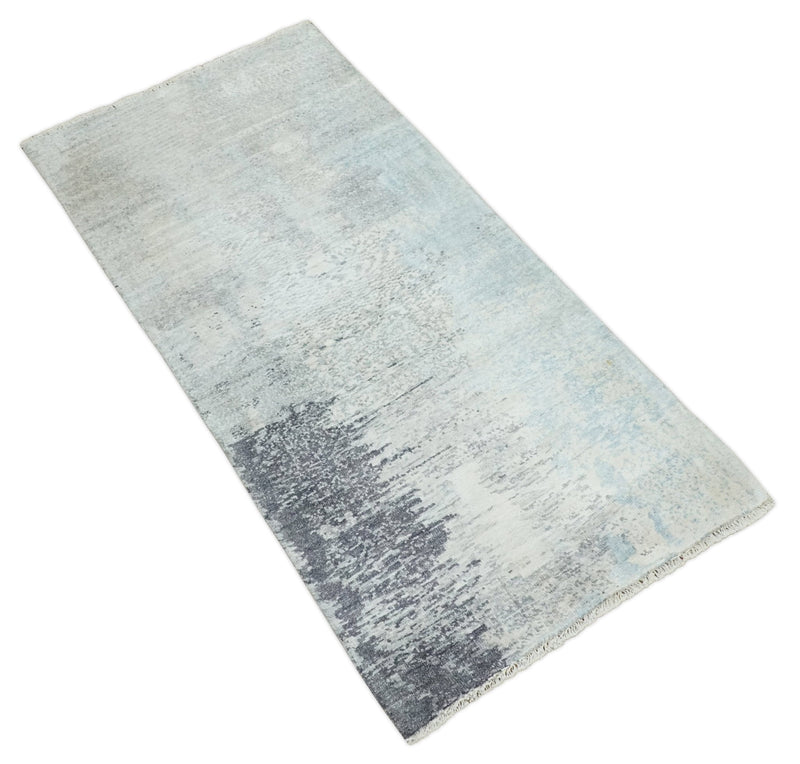 2x4 Modern Abstract Beige, Blue and Charcoal Bamboo Silk Rug| N6724