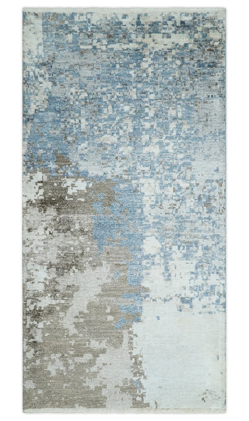 2x4 Modern Abstract Blue, Silver and Charcoal Hand Knotted Art Silk Rug| N8324