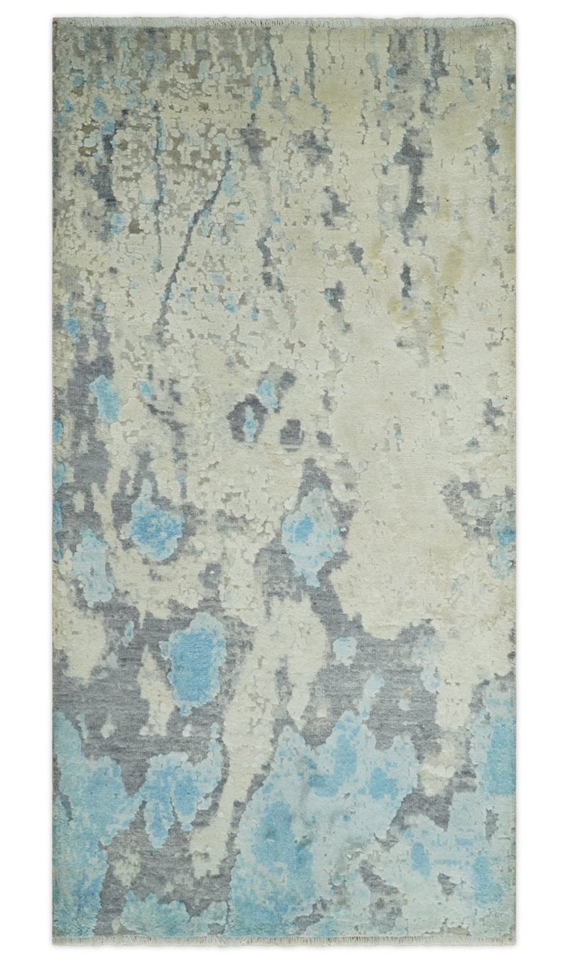 2x4 Modern Abstract Ivory, Blue and Charcoal Wool and Silk Rug| N7324