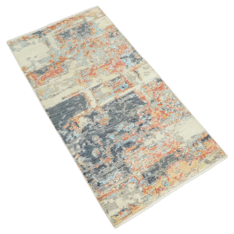 2x4 Modern Abstract Peach, Gray, Ivory and Blue Rug made with Art Silk| N3924