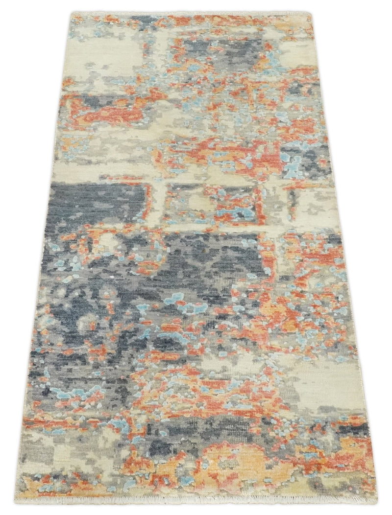 2x4 Modern Abstract Peach, Gray, Ivory and Blue Rug made with Art Silk| N3924