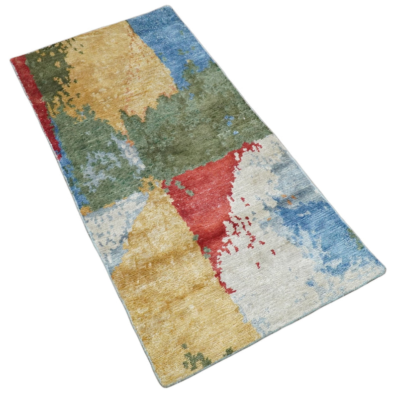 2x4 Modern Multicolor Wool and Silk Hand Knotted Rug| N624