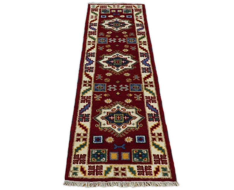 2x7 Hand Knotted Antique Kazak Runner Blue and Rust Traditional Tribal Armenian Rug | KZA1