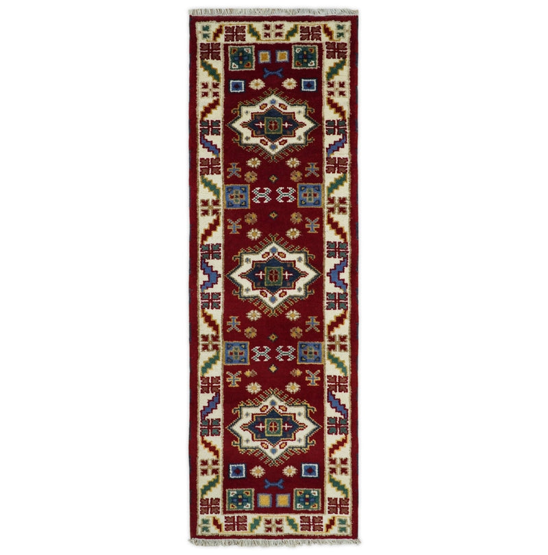 2x7 Hand Knotted Antique Kazak Runner Blue and Rust Traditional Tribal Armenian Rug | KZA1