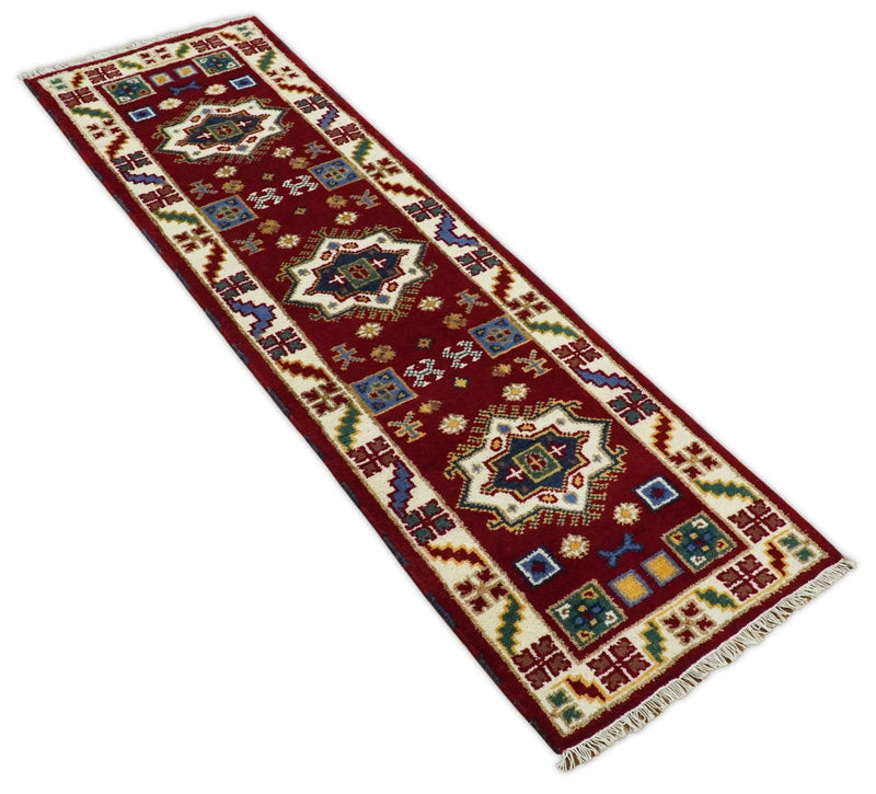 2x7 Hand Knotted Antique Kazak Runner Blue and Rust Traditional Tribal Armenian Rug | KZA1