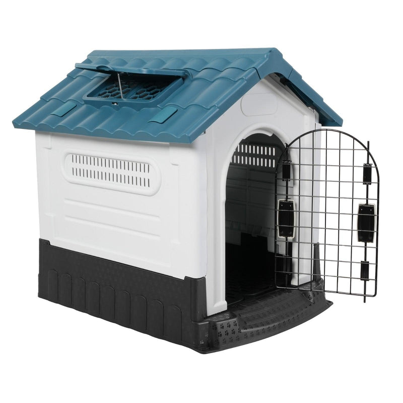 Outdoor Blue Sloped Roof 46.4" Height Large Dog House Plastic Waterproof Kennel with Air Vents