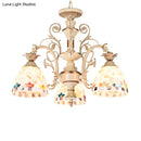 GobekUsa 3/5 Lights Chandelier Pendant Light - White and Gold Tiffany Style Stained Glass Mosaic Hanging Lamp Kit