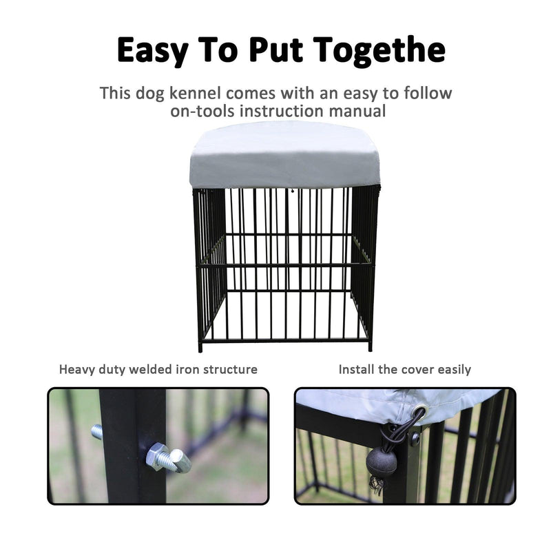 4.9'x4.9'x5.9' Outdoor Medium Wrought Iron Kennel Enclosure, Playpen Pet Kennel with Waterproof UV Resistant Cover and Security Lock, Black