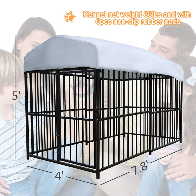 7.8'x4'x5' Outdoor Large Wrought Iron Kennel Enclosure, Heavy Duty Playpen Pet Kennel with Waterproof UV Resistant Cover and Security Lock, Black