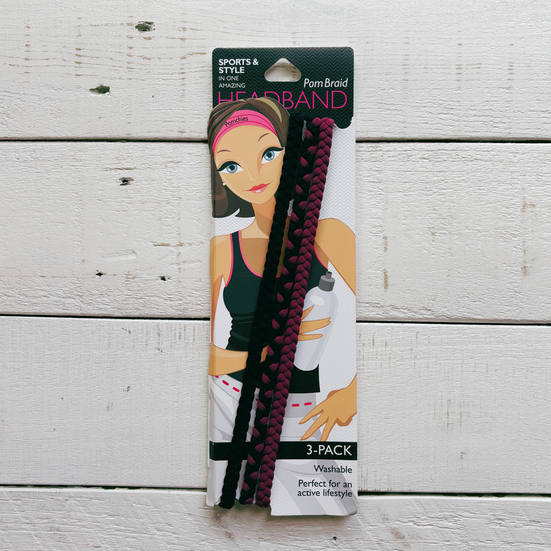 3 Pack Single Pom Braid Burgundy Black | Nylon Headband Hair Accessory