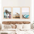 Summer Surfing Wall Art Set. Yellow Bus, Surfboards, Beach Cabins by Wall Art Set