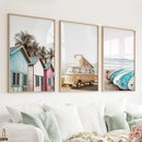 Summer Surfing Wall Art Set. Yellow Bus, Surfboards, Beach Cabins by Wall Art Set