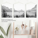 Glacier National Park. US Black White Mountain Lake Prints by Wall Art Set