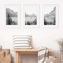 Glacier National Park. US Black White Mountain Lake Prints by Wall Art Set
