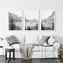 Glacier National Park. US Black White Mountain Lake Prints by Wall Art Set