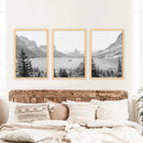 Glacier National Park. US Black White Mountain Lake Prints by Wall Art Set